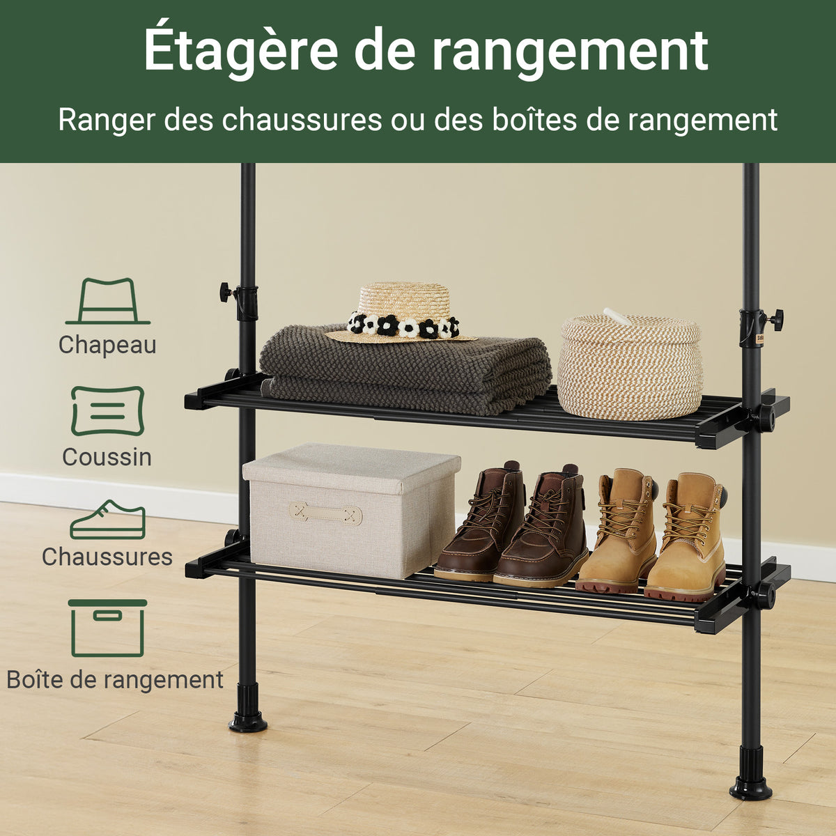sebuyfr.comG34-II-SCH Dressing télescopique sans perçage 124–226 cm avec tringles et étagères – Penderie ouverte noire