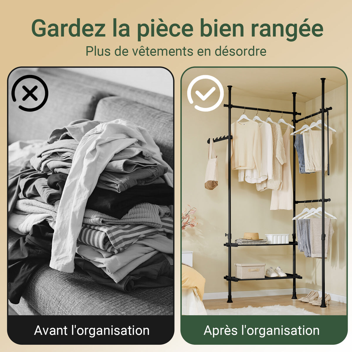 sebuyfr.comG34-II-SCH Dressing télescopique sans perçage 124–226 cm avec tringles et étagères – Penderie ouverte noire