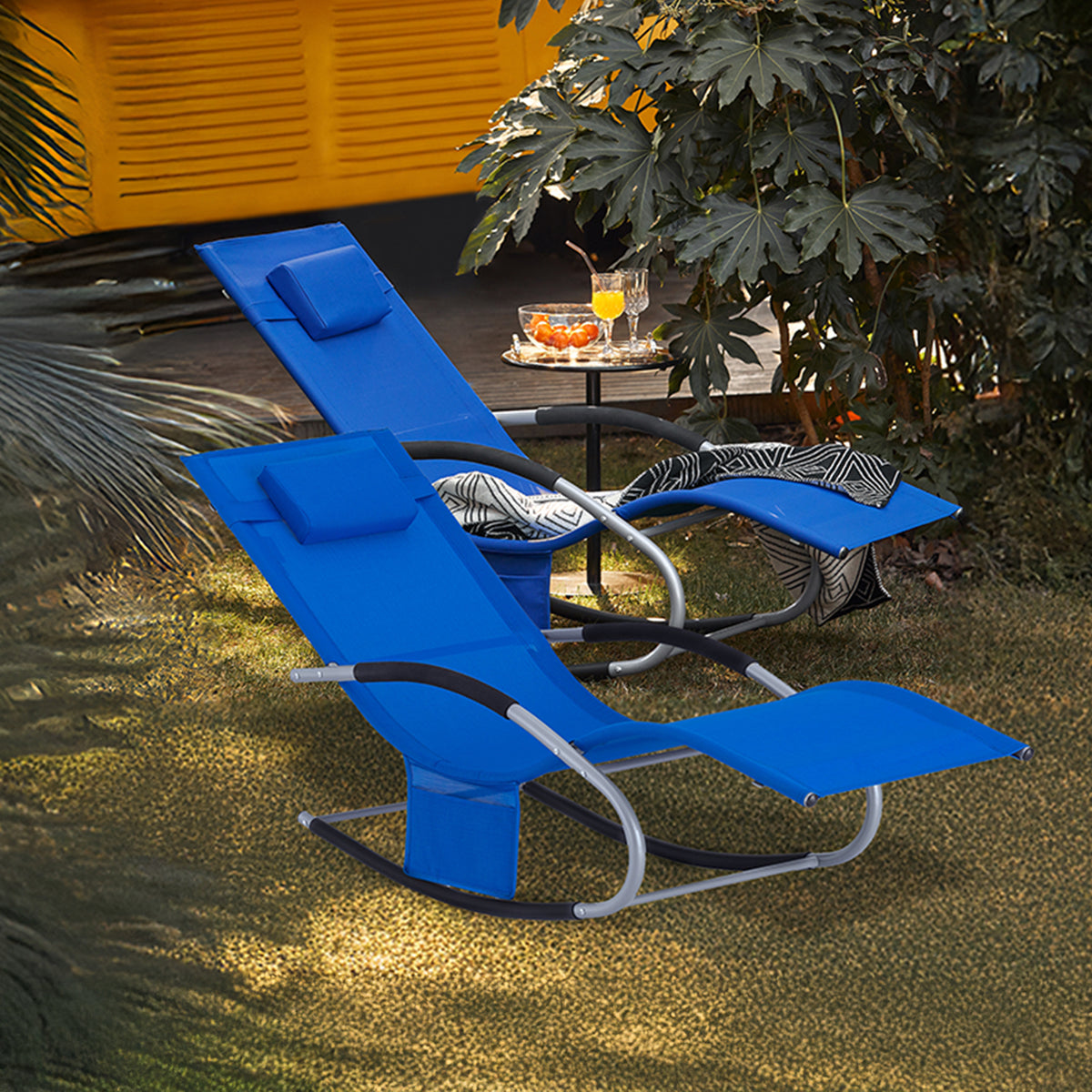 SoBuy OGS28-KBx2 Lot de 2 Chaise Longue Transat de Jardin Bascule avec Appui-tête Réglable et Pochette latérale