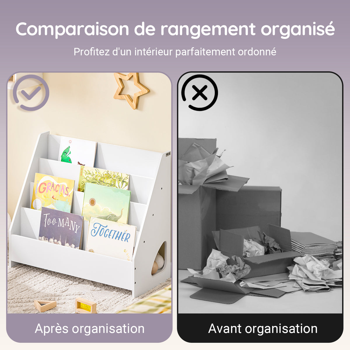 SoBuy KMB32-K-W Bibliothèque Enfant Montessori avec 4 Niveaux, Coins Arrondis et Dispositif Anti-Basculement – L70×P30×H60 cm, PB E1, Blanc