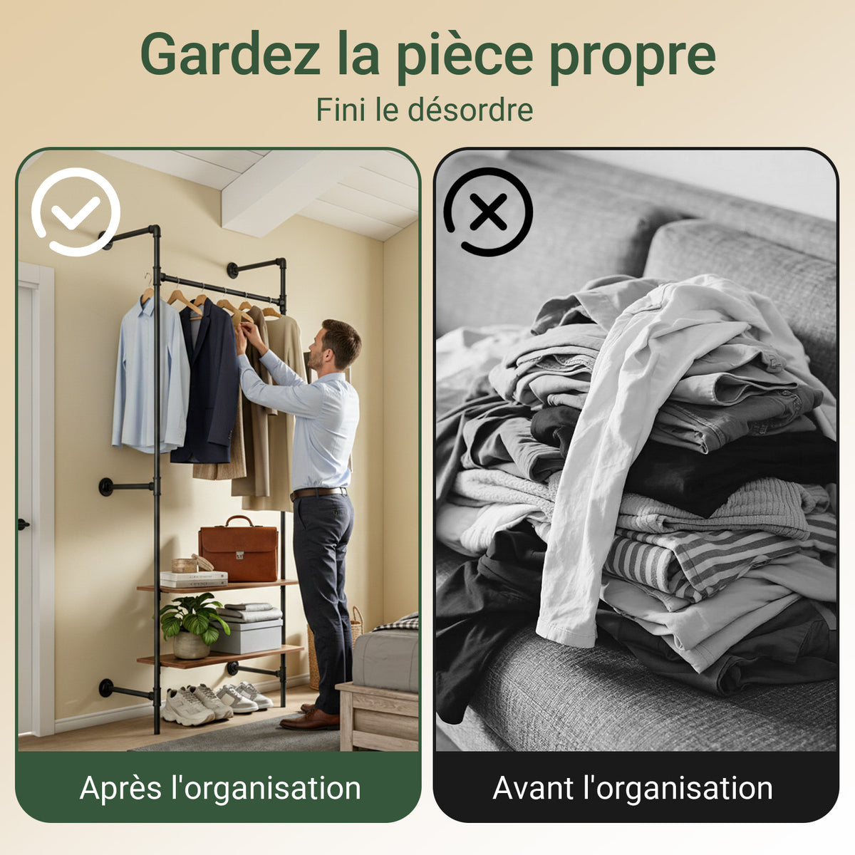 SoBuy KLS20-SCH Portant à Vêtements Mural Compact avec 2 Étagères MDF – Dressing Mural, Charge 45 kg, Noir Industriel 91,5×48×220 cm