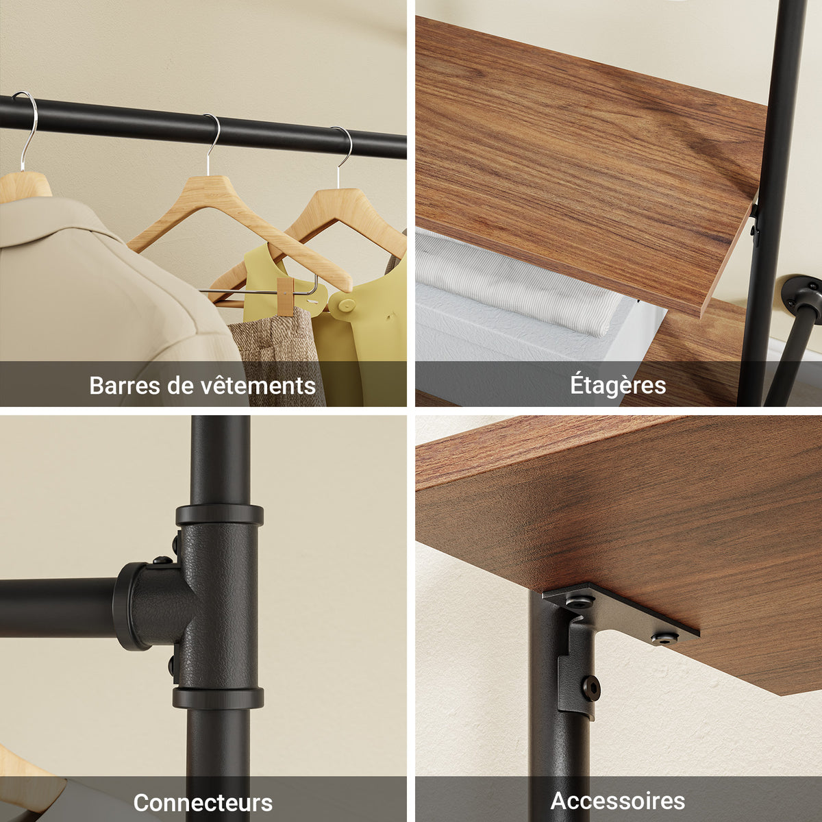SoBuy KLS20-SCH Portant à Vêtements Mural Compact avec 2 Étagères MDF – Dressing Mural, Charge 45 kg, Noir Industriel 91,5×48×220 cm