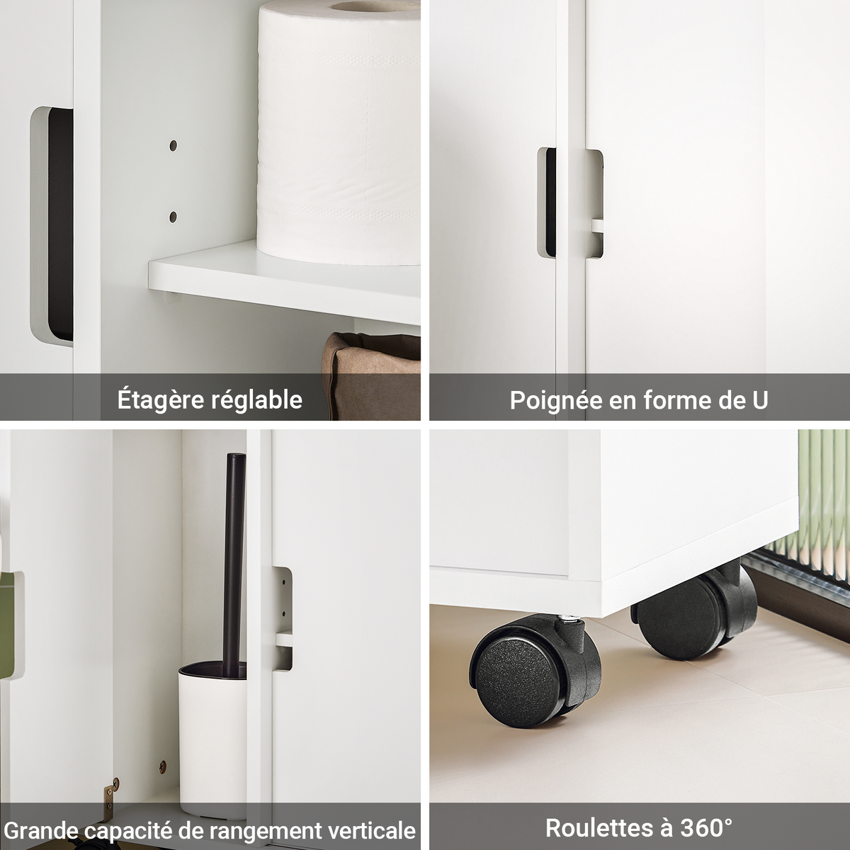 SoBuy BZR02-W Meuble Salle de Bain à Roulettes avec 2 Portes Coulissantes – L70×P20×H71 cm, Charge 30 kg, MDF E1, Blanc