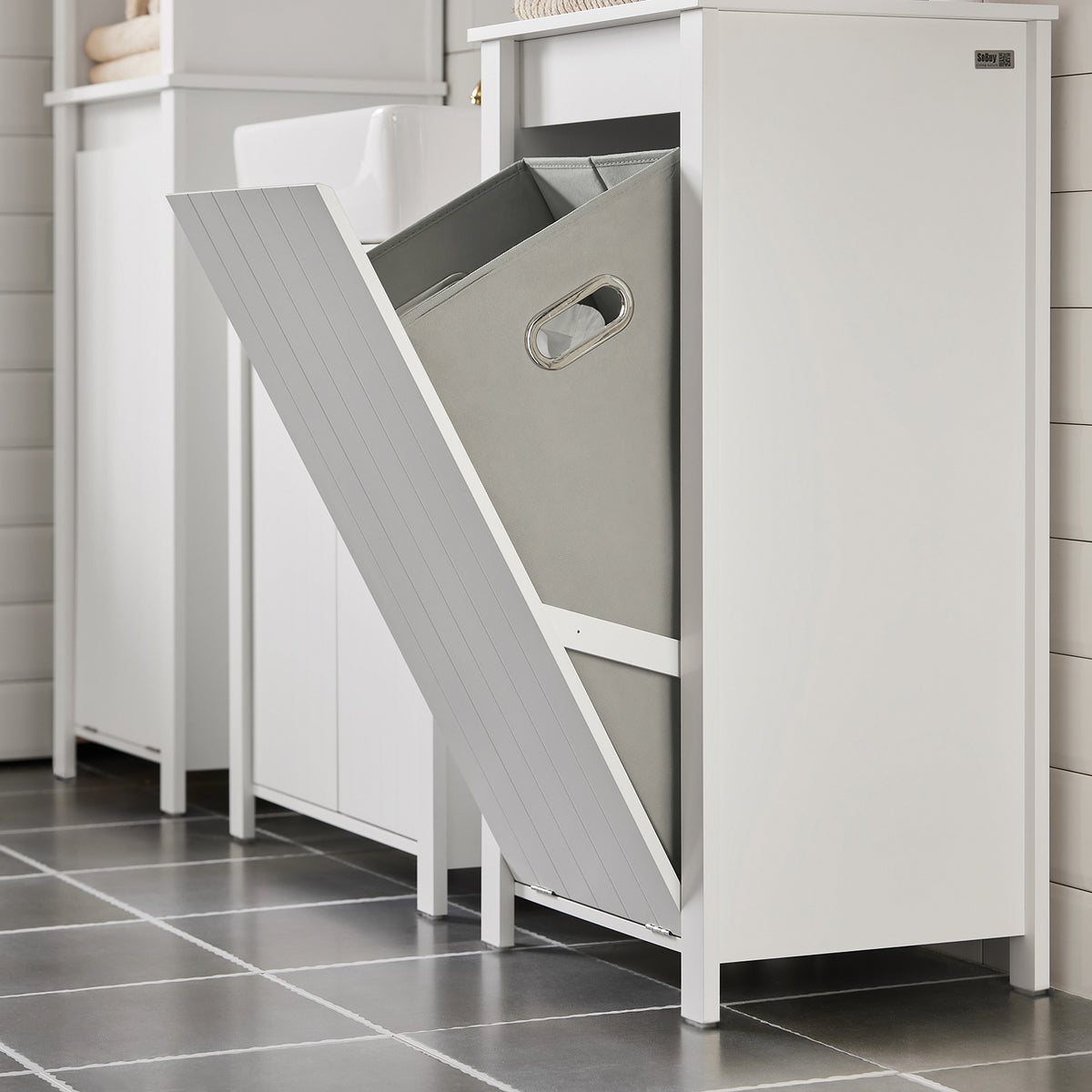 SoBuy BZR100-W Armoire à Linge avec Panier Rabattable et Sac Amovible à Poignées – L45×P35×H85,5 cm, Charge 15 kg, MDF E1, Blanc