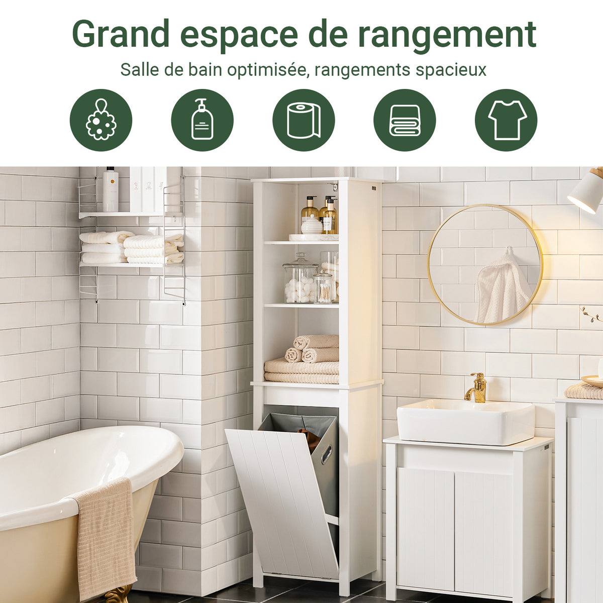 SoBuy BZR102-W Colonne Salle de Bain avec 3 Étagères et Sac à Linge Amovible – L45×P35×H171 cm, Charge 40 kg, Blanc