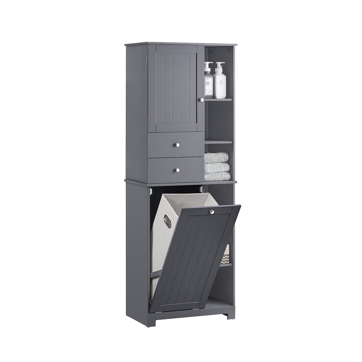 SoBuy BZR104-DG Colonne Salle de Bain Grise 171cm, Panier à Linge Amovible, 6 Étagères, 2 Tiroirs, Anti-Basculement, Charge 7