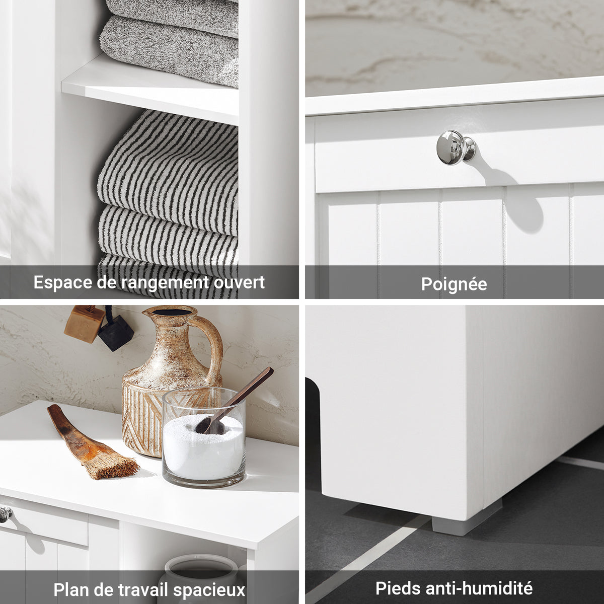 SoBuy BZR105-W Meuble Salle de Bain avec Panier à Linge et 3 Étagères – L60×P37×H86 cm, Charge 70 kg, MDF E1, Blanc