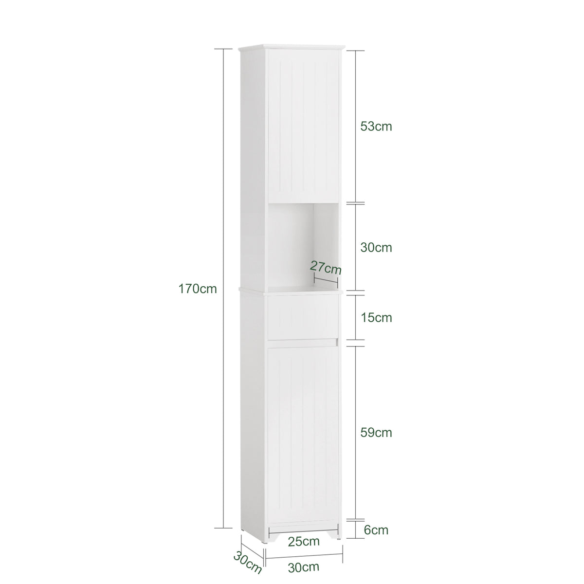 SoBuy BZR109-W Meuble Colonne Salle de Bain 170 cm Slim 30 cm 2 Portes Étagères Réglables Tiroir Anti-Basculement – Blanc