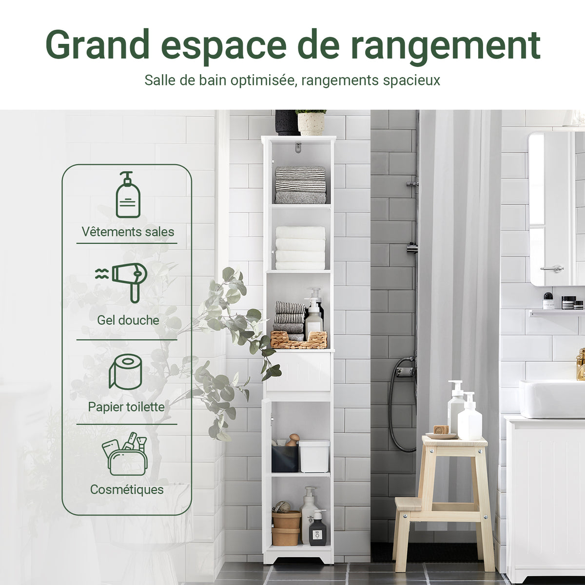 SoBuy BZR109-W Meuble Colonne Salle de Bain 170 cm Slim 30 cm 2 Portes Étagères Réglables Tiroir Anti-Basculement – Blanc