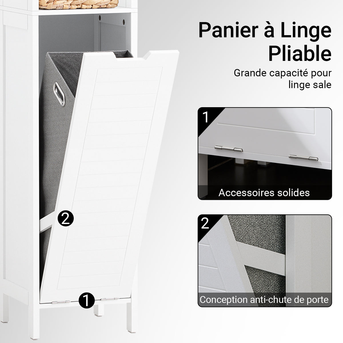 SoBuy BZR123-W Colonne Salle de Bain avec Panier à Linge Amovible et 2 Étagères Ouvertes – L30×P30×H145 cm, Charge 20 kg, MDF et Bambou, Blanc
