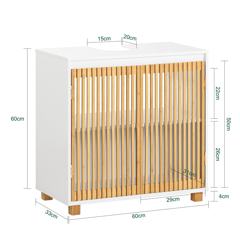 SoBuy BZR125-W Meuble sous Lavabo de Salle de Bain, Meuble sous Vasque à 2 Portes en Bambou, Placard Armoire de Rangement Meuble évier de Cuisine, L60 x P30 x H61 cm