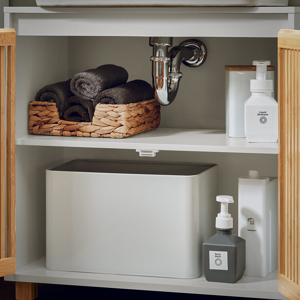 SoBuy BZR125-W Meuble sous Lavabo de Salle de Bain, Meuble sous Vasque à 2 Portes en Bambou, Placard Armoire de Rangement Meuble évier de Cuisine, L60 x P30 x H61 cm