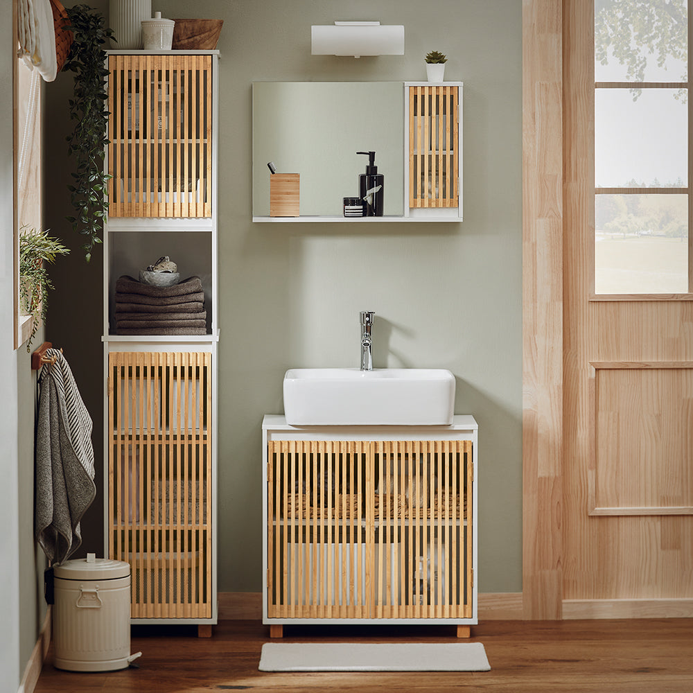 SoBuy BZR125-W Meuble sous Lavabo de Salle de Bain, Meuble sous Vasque à 2 Portes en Bambou, Placard Armoire de Rangement Meuble évier de Cuisine, L60 x P30 x H61 cm