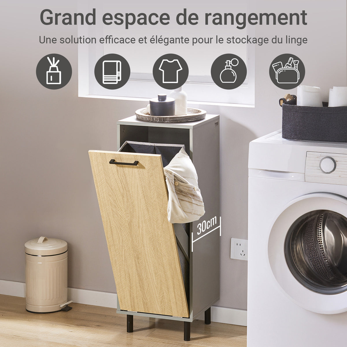 SoBuy BZR132-NG Meuble de Salle de Bain avec Panier à Linge – 31,5 cm, Pieds en Métal, Anti-Basculement, Gris Naturel
