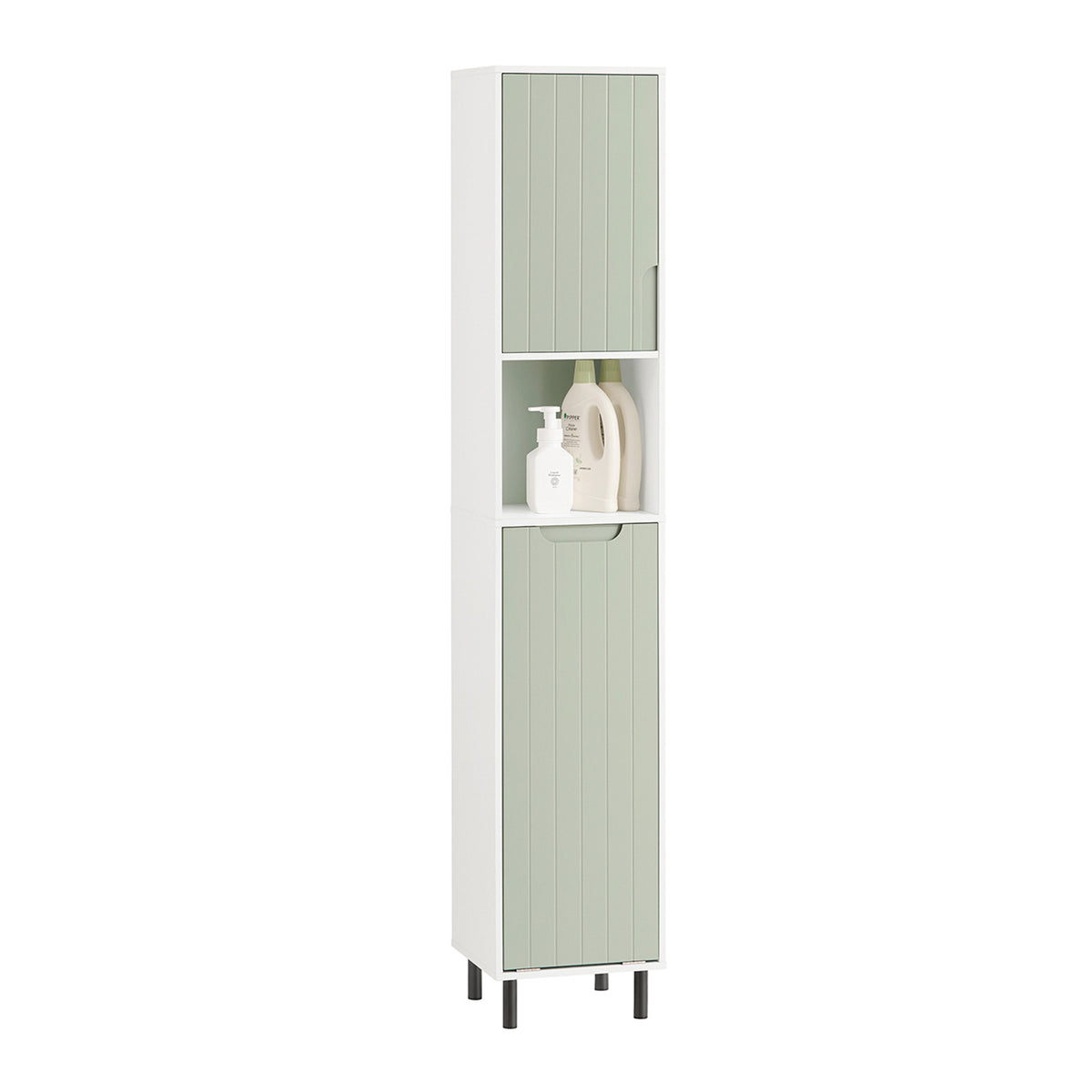 SoBuy BZR137-GR Colonne Salle de Bain Vert et Blanc 167 cm avec Sac à Linge Pliable, Porte, Étagère Réglable et Compartiment