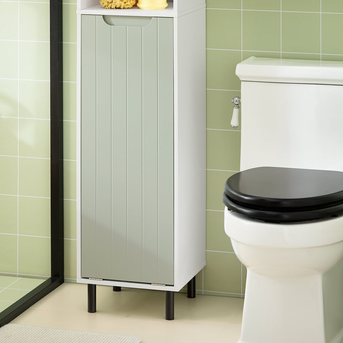 SoBuy BZR137-GR Colonne Salle de Bain Vert et Blanc 167 cm avec Sac à Linge Pliable, Porte, Étagère Réglable et Compartiment Ouvert – Pieds Métal, 30 cm de Profondeur