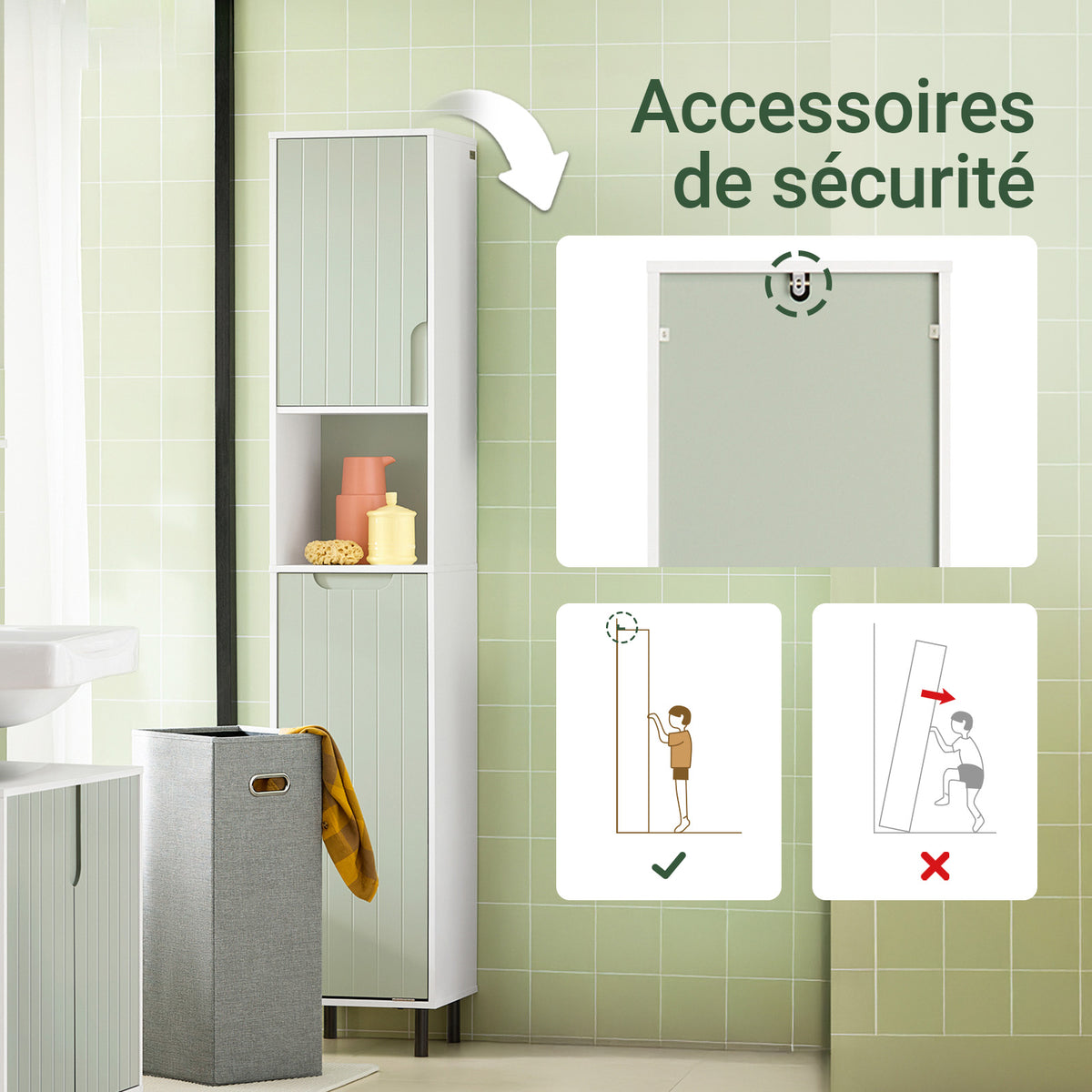 SoBuy BZR137-GR Colonne Salle de Bain Vert et Blanc 167 cm avec Sac à Linge Pliable, Porte, Étagère Réglable et Compartiment Ouvert – Pieds Métal, 30 cm de Profondeur