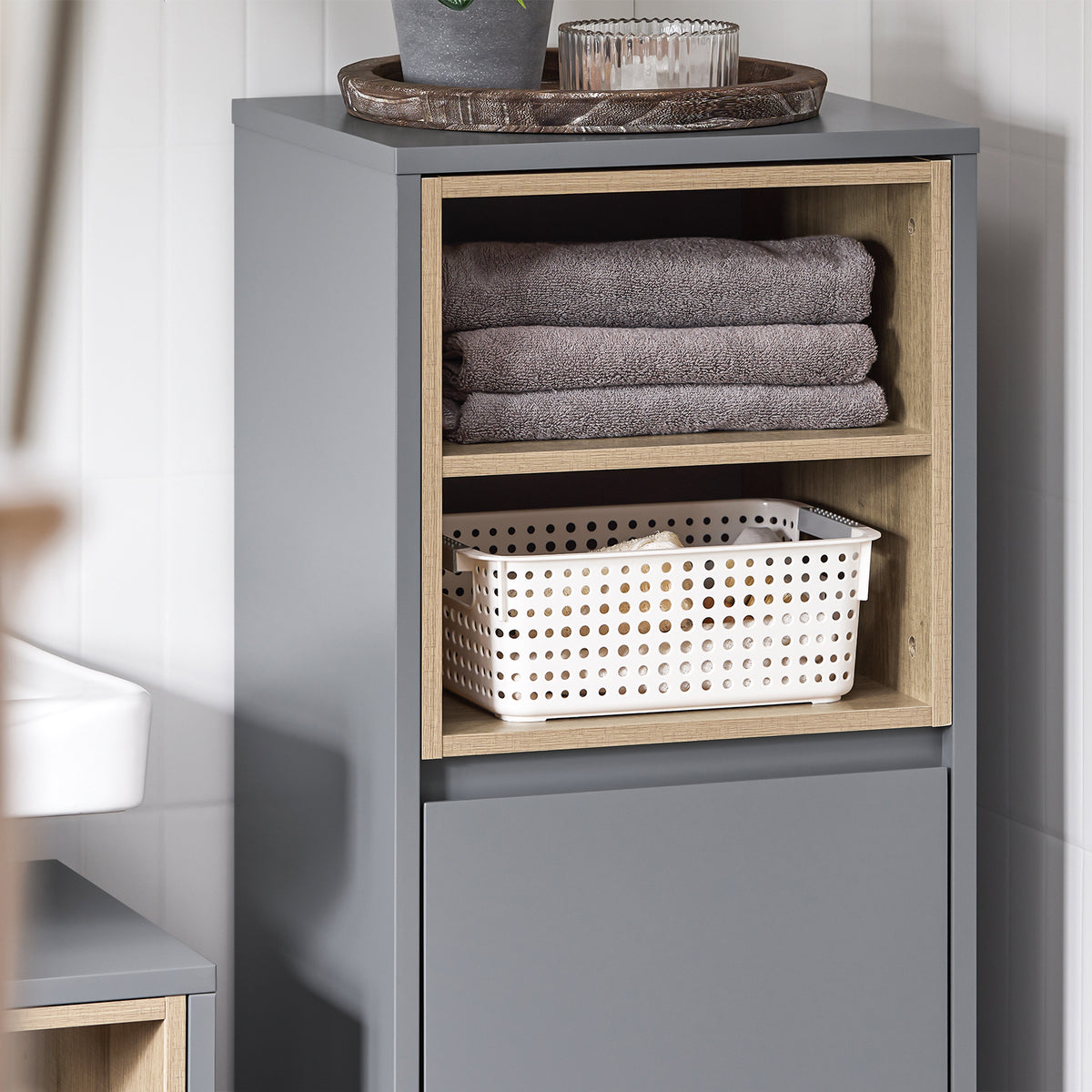 SoBuy BZR146-DG Meuble Bas de Salle de Bain, Meuble Demi-Colonne sur Pied, Placard WC Étroit avec 1 Panier à Linge