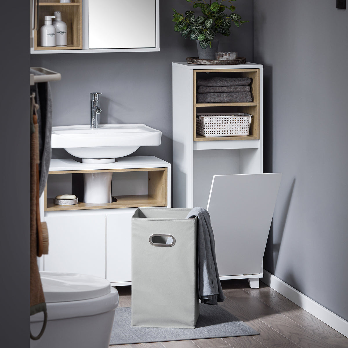 SoBuy BZR146-W Meuble Bas de Salle de Bain, Armoire de Rangement Salle de Bain, Meuble Demi-Colonne sur Pied, Placard WC Étroit avec 1 Panier à Linge, Blanc, 35x30x105cm