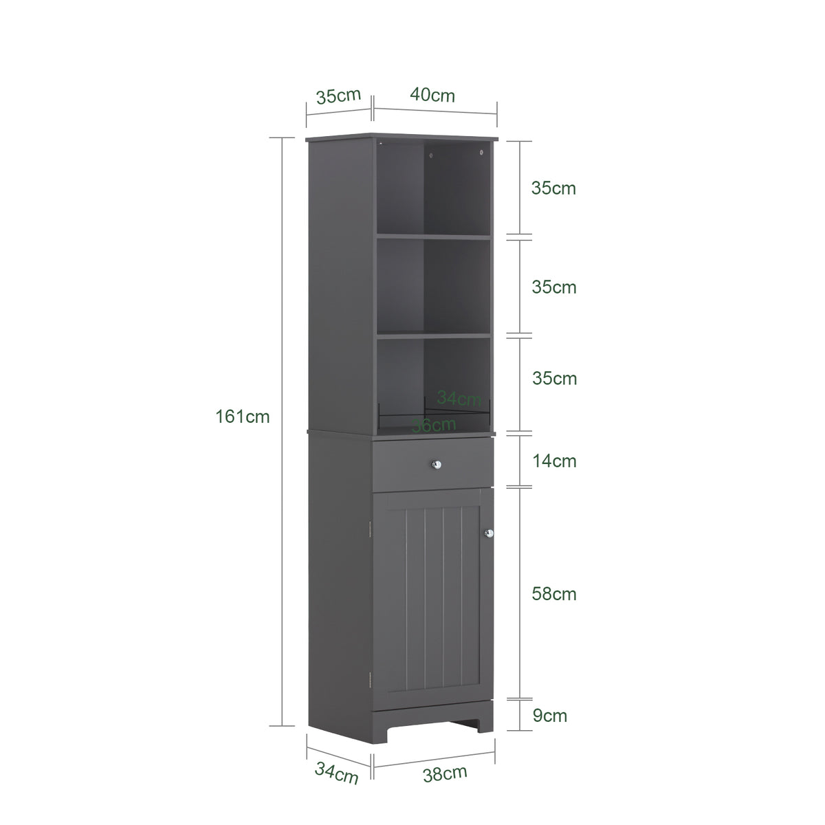 SoBuy BZR17-DG Colonne Salle de Bain Meuble Salle de Bain Rangement avec Armoire et 3 Étagères Ouvertes, Petit Meuble Compact avec 1 Tiroir pour WC, Chambre 40x161x35 cm