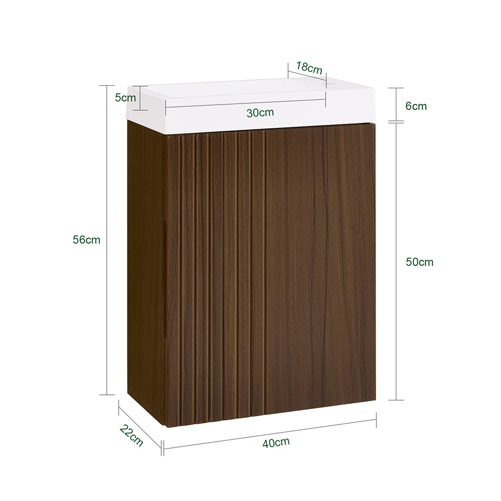 SoBuy BZR196-BR Meuble Sous Vasque Suspendu Bois Foncé avec Lavabo Céramique, Porte Soft-Close Sans Poignée, Étagère, 15kg – 40x22x56 cm