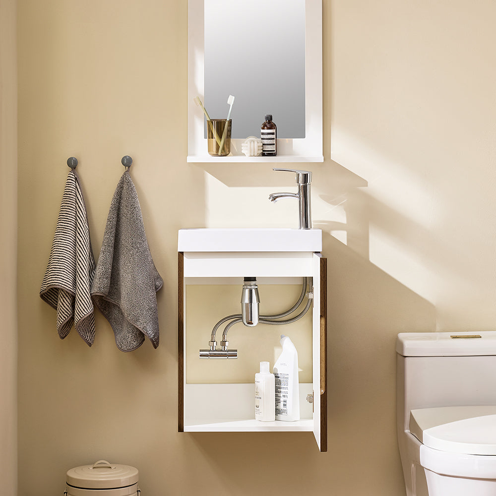 SoBuy BZR196-BR Meuble Sous Vasque Suspendu Bois Foncé avec Lavabo Céramique, Porte Soft-Close Sans Poignée, Étagère, 15kg – 40x22x56 cm