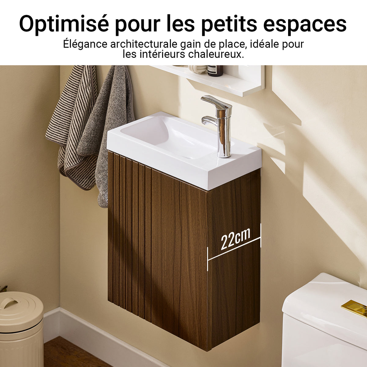 SoBuy BZR196-BR Meuble Sous Vasque Suspendu Bois Foncé avec Lavabo Céramique, Porte Soft-Close Sans Poignée, Étagère, 15kg – 40x22x56 cm