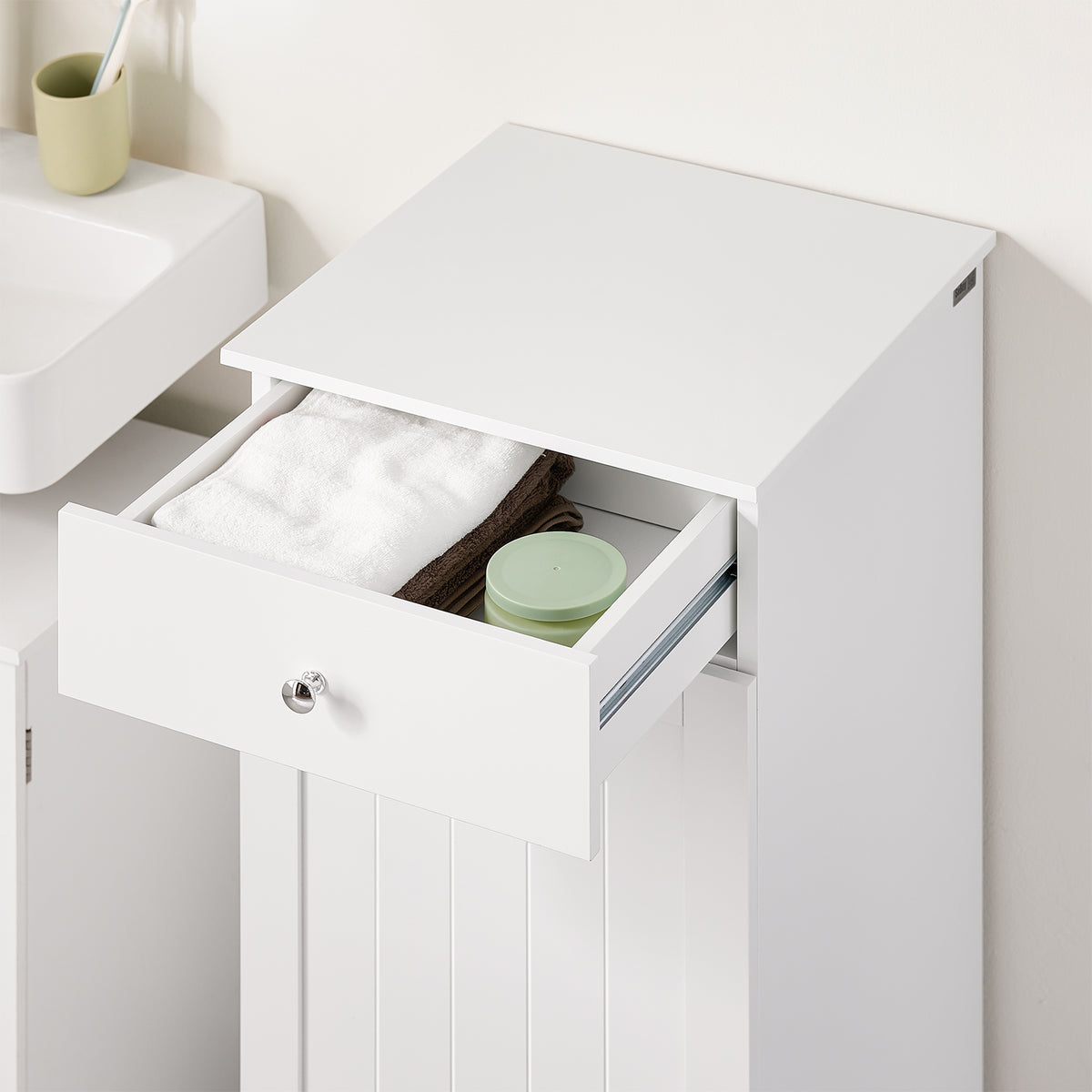 SoBuy BZR21-II-W Meuble Bas Salle de Bain Blanc 90 cm avec Panier à Linge Basculant 2 Compartiments, Tiroir et Étagère – Fermeture Silencieuse, MDF E1