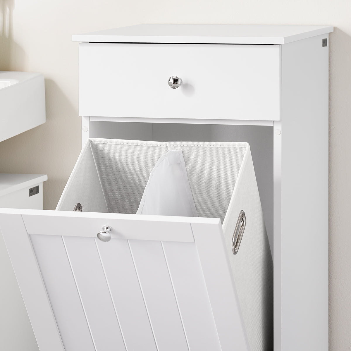 SoBuy BZR21-II-W Meuble Bas Salle de Bain Blanc 90 cm avec Panier à Linge Basculant 2 Compartiments, Tiroir et Étagère – Fermeture Silencieuse, MDF E1