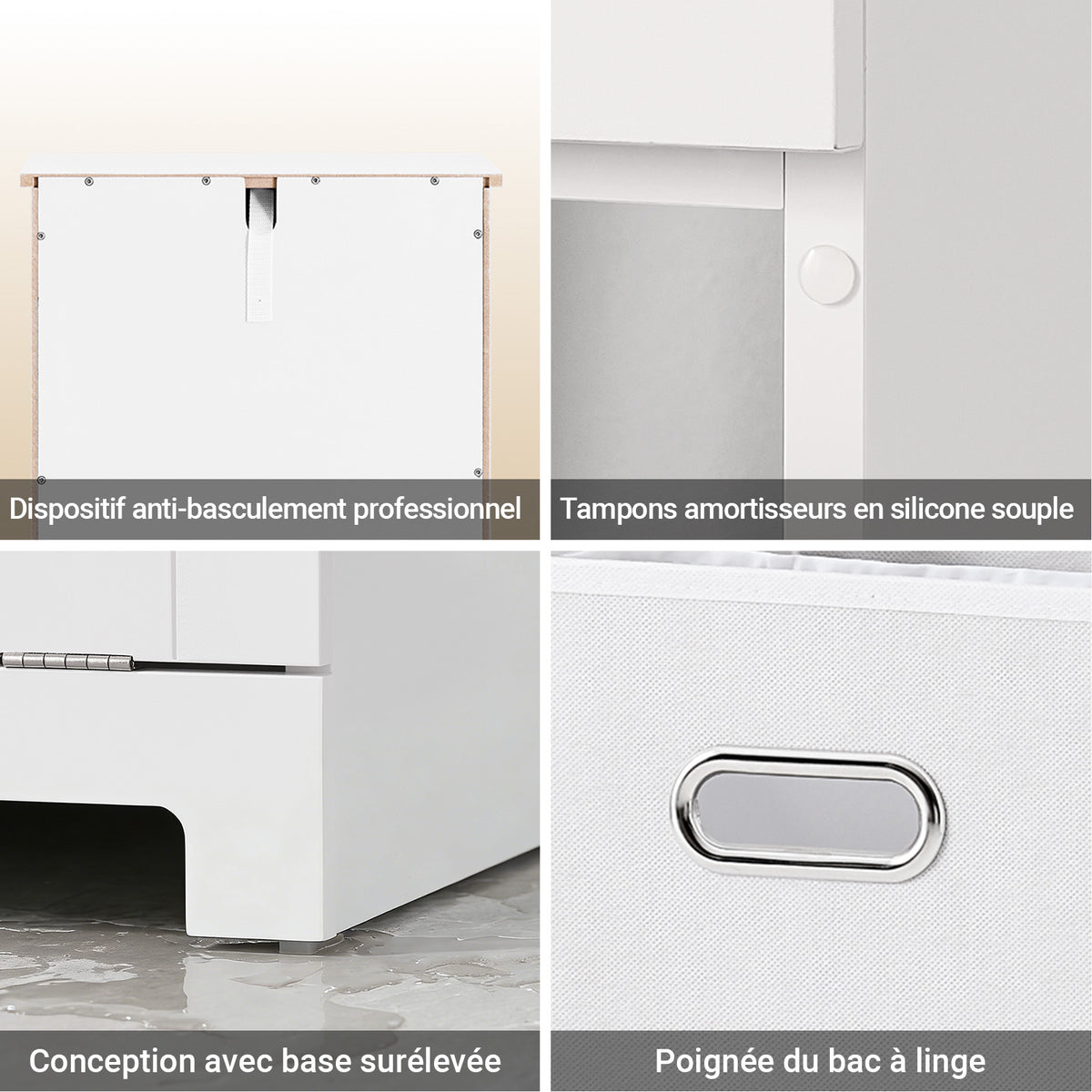 SoBuy BZR21-II-W Meuble Bas Salle de Bain Blanc 90 cm avec Panier à Linge Basculant 2 Compartiments, Tiroir et Étagère – Fermeture Silencieuse, MDF E1