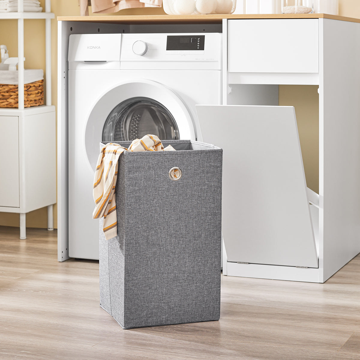 SoBuy BZR217-WN Meuble Salle de Bain avec Panier à Linge, Tiroir, pour Salle de Bain et WC, Rangement Optimisé, Usage Quotidien – L100×P60×H90 cm, Bois, Blanc