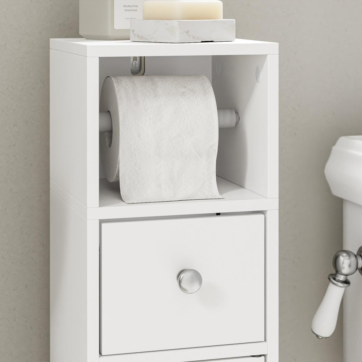 SoBuy BZR219-W Bathroom Cabinet 20 x 20 cm Narrow Toilet Cabinet with Roll Holder and Reversible Door, Compact Toilet Storage with Drawer and Adjustable Shelf