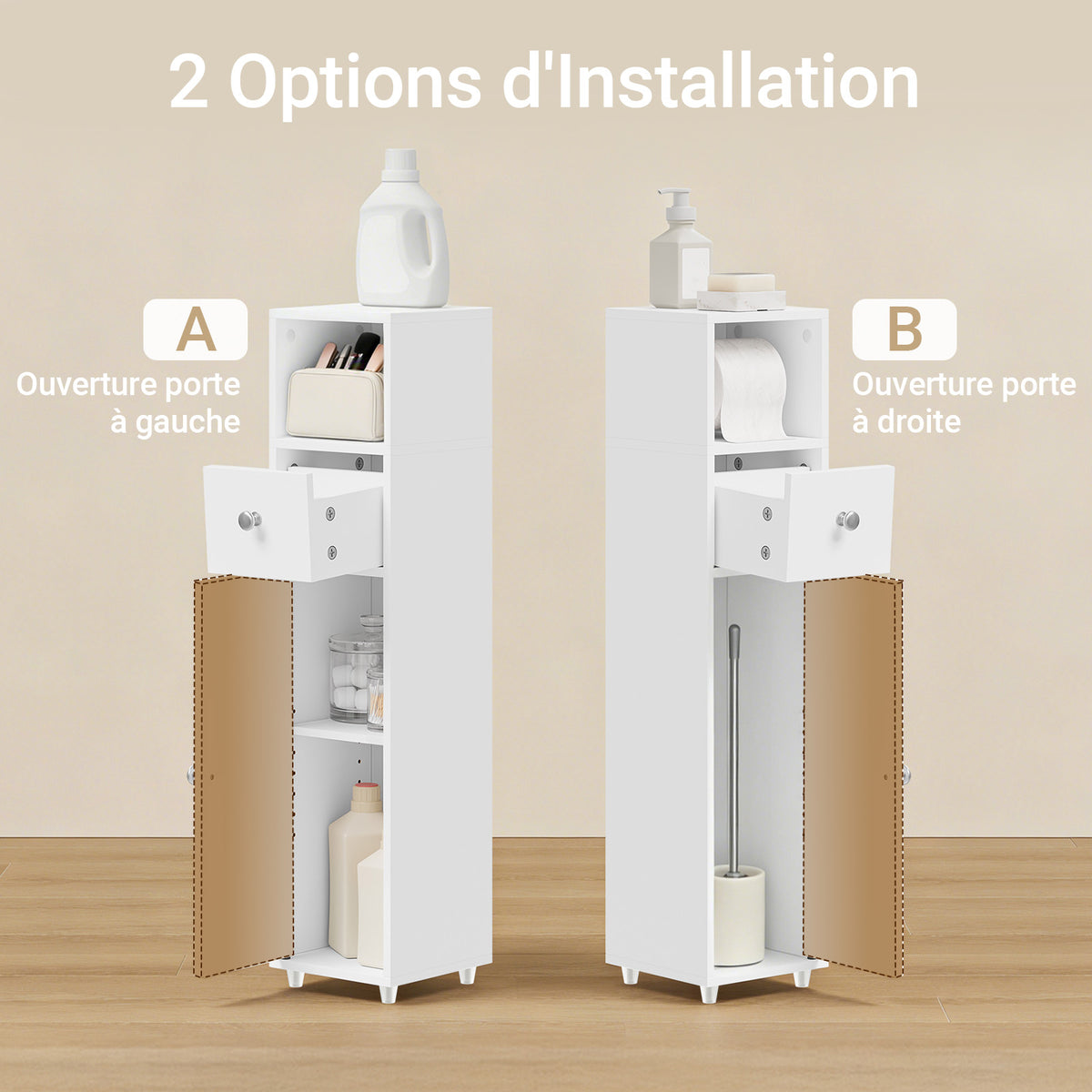 SoBuy BZR219-W Bathroom Cabinet 20 x 20 cm Narrow Toilet Cabinet with Roll Holder and Reversible Door, Compact Toilet Storage with Drawer and Adjustable Shelf
