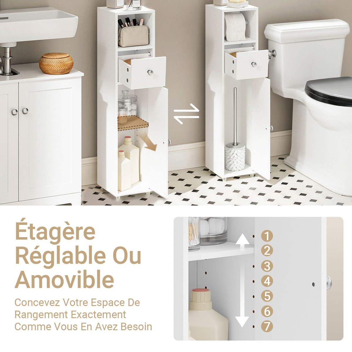SoBuy BZR219-W Bathroom Cabinet 20 x 20 cm Narrow Toilet Cabinet with Roll Holder and Reversible Door, Compact Toilet Storage with Drawer and Adjustable Shelf