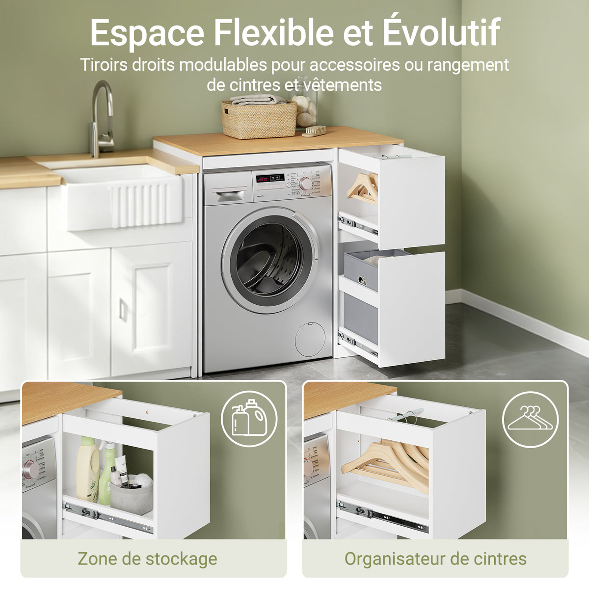 SoBuy BZR223-WN Meuble au-dessus du Lave-Linge 100×60×95 cm – Étendoir Coulissant, Panier à Linge, Sans Panneau Arrière, Blanc et Naturel