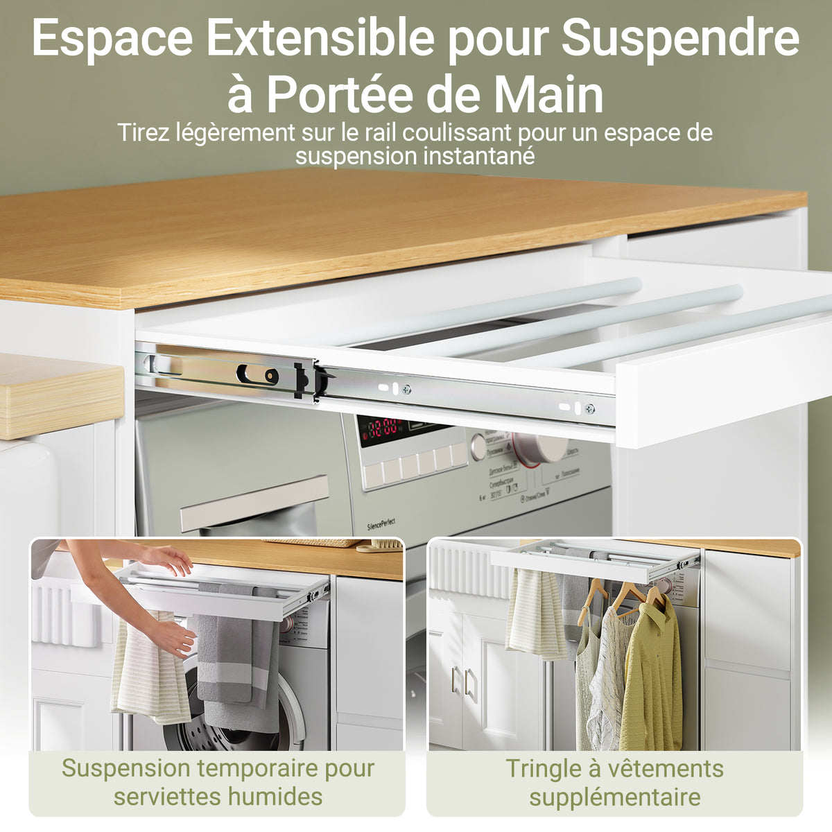 SoBuy BZR223-WN Meuble au-dessus du Lave-Linge 100×60×95 cm – Étendoir Coulissant, Panier à Linge, Sans Panneau Arrière, Blanc et Naturel