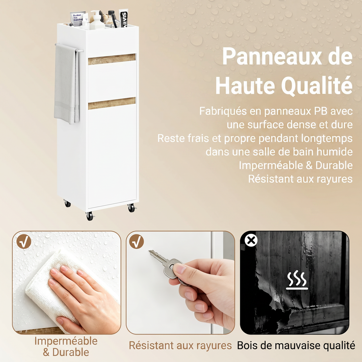 SoBuy BZR225-WN Colonne de Salle de Bain sur Roulettes avec Tiroir – Porte et Étagère, Rangement Vertical – 33×30×91 cm, Blanc