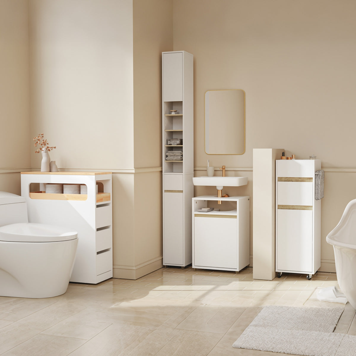 SoBuy BZR225-WN Colonne de Salle de Bain sur Roulettes avec Tiroir – Porte et Étagère, Rangement Vertical – 33×30×91 cm, Blanc