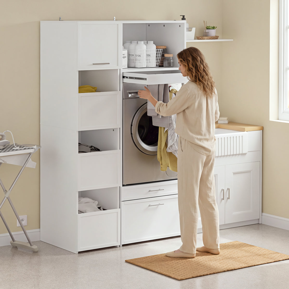 SoBuy BZR230-W Colonne de Buanderie 66 × 60,5 × 186 cm – 2 Tiroirs et Tringle Escamotable, Blanc