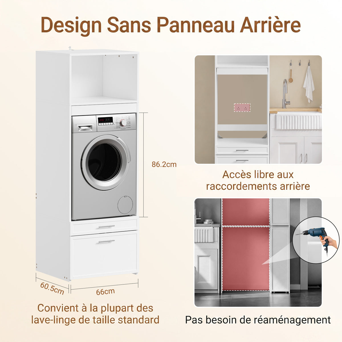 SoBuy BZR230-W Colonne de Buanderie 66 × 60,5 × 186 cm – 2 Tiroirs et Tringle Escamotable, Blanc