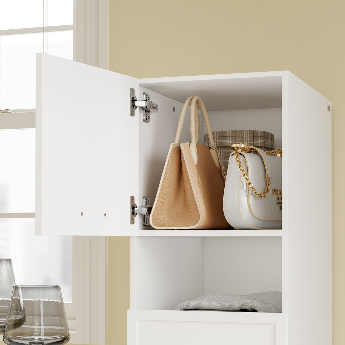 SoBuy BZR232-W Armoire de Rangement 4 Portes pour Buanderie – Compartiments Ouverts et Étagères – 60×40×186,4 cm, Blanc