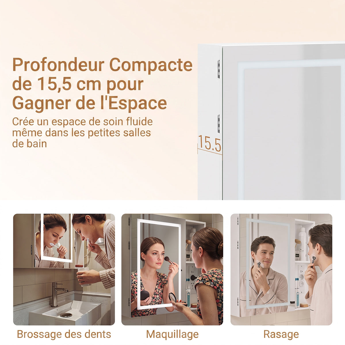 SoBuy BZR239-E-W Armoire Miroir de Salle de Bain avec LED et Prises – Meuble Mural, Étagères – 60×15,5×60 cm, Blanc