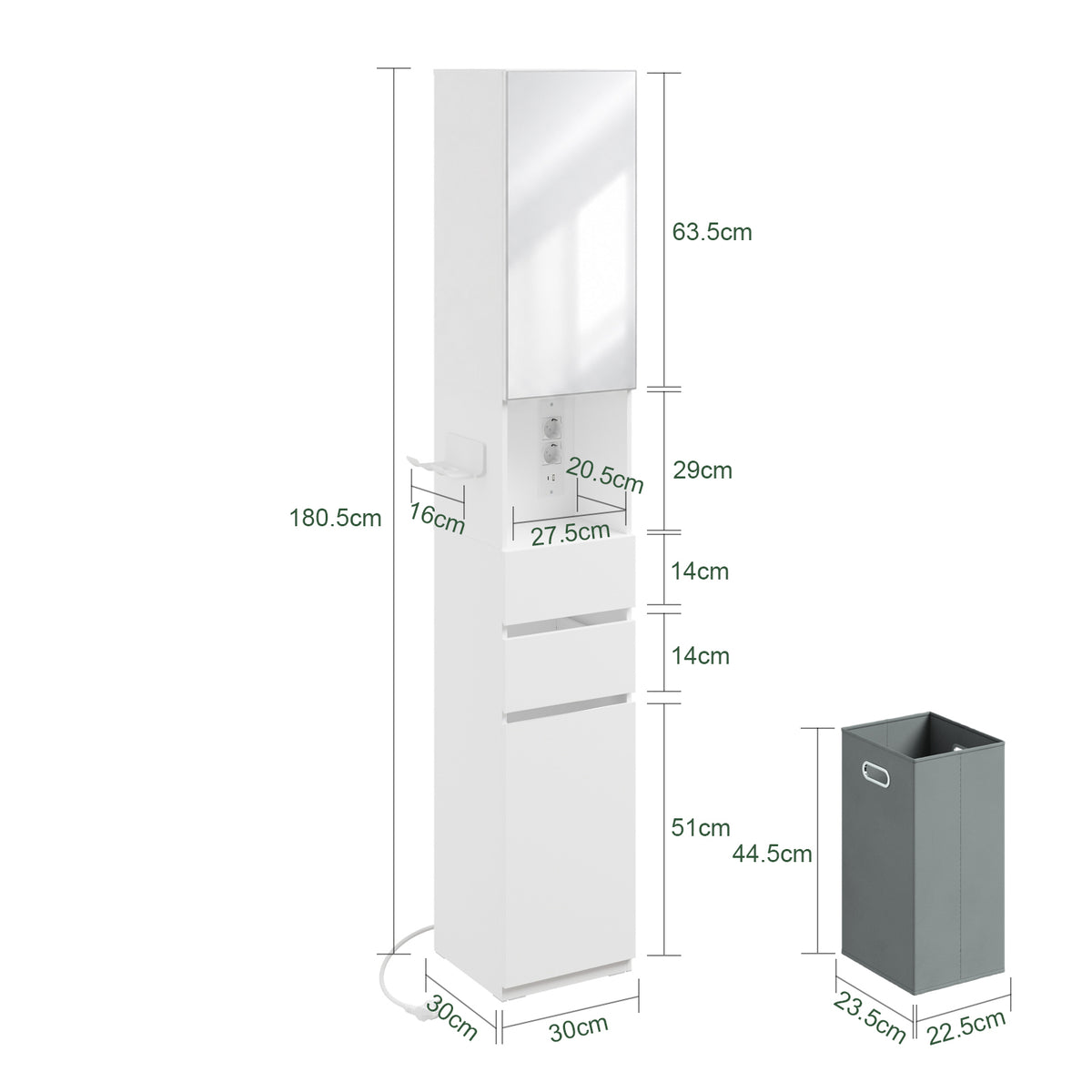 SoBuy BZR240-E-W Colonne de Salle de Bain Étroite avec Miroir et Éclairage – Prise Intégrée et Port USB-A, 2 Tiroirs – 30×30×180,5 cm, Blanc