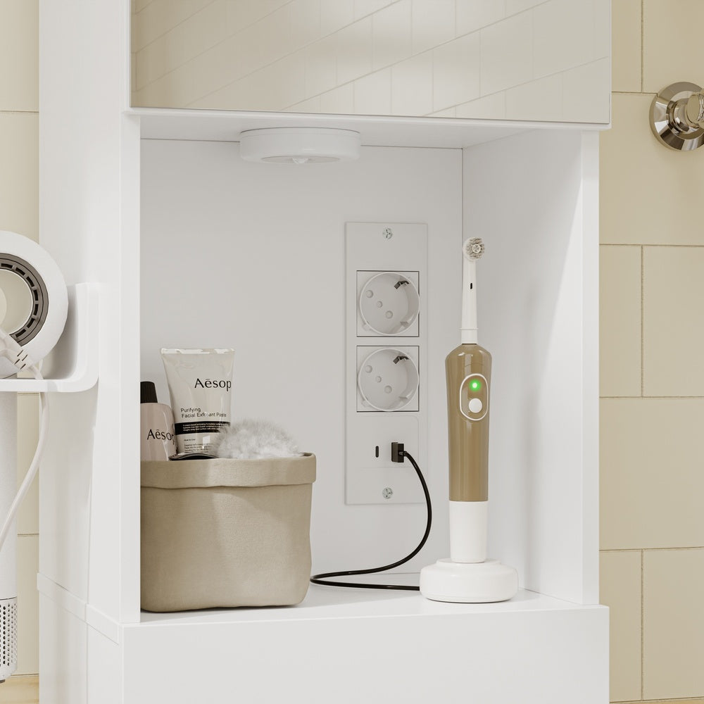SoBuy BZR240-E-W Colonne de Salle de Bain Étroite avec Miroir et Éclairage – Prise Intégrée et Port USB-A, 2 Tiroirs – 30×30×180,5 cm, Blanc