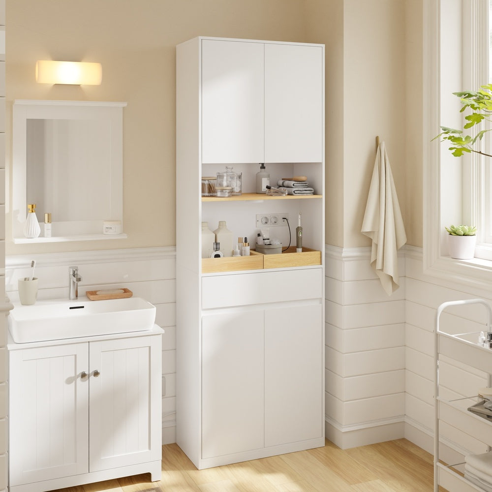 SoBuy BZR241-E-W Colonne de Salle de Bain Blanche avec Éclairage Intégré – 3 Portes, Panier à Linge Dissimulé, Style Scandinave – 60×30×180 cm, Charge 85 kg