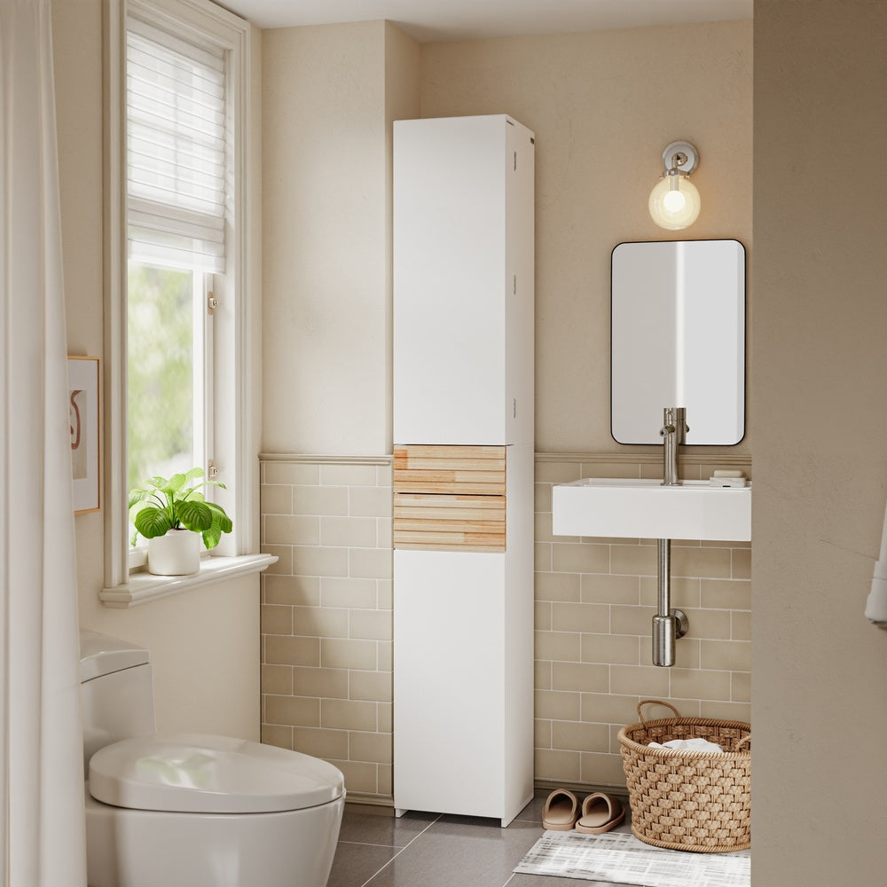 SoBuy BZR244-WN Armoire Haute de Salle de Bain Blanche avec 2 Tiroirs – Colonne de Rangement avec 4 Étagères, Panneau Mélaminé – 30×30×180 cm, Charge 39 kg