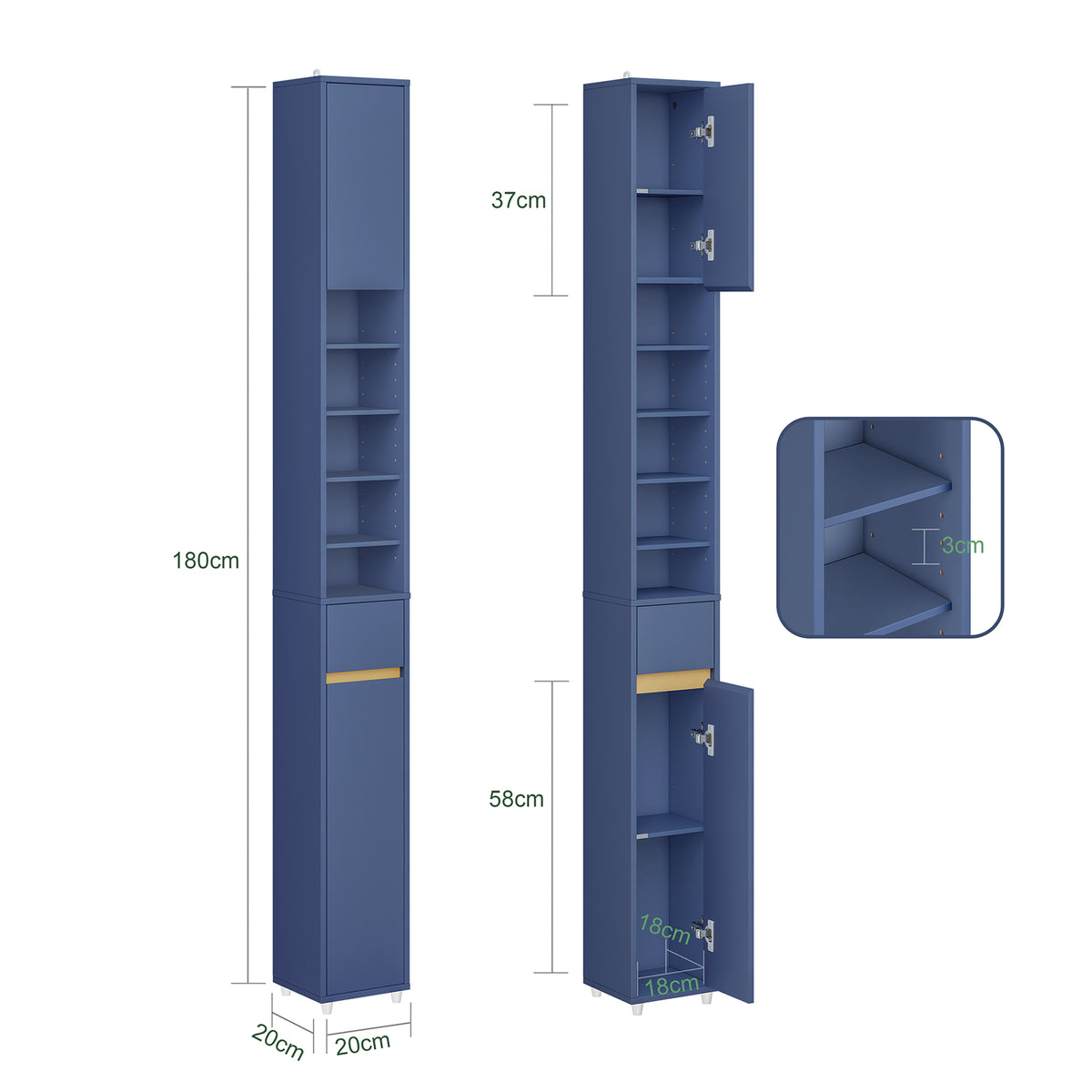 SoBuy BZR34-II-B Colonne Bleue Design – Meuble WC Ultra-Fin 20 cm, Décoratif, 180 cm