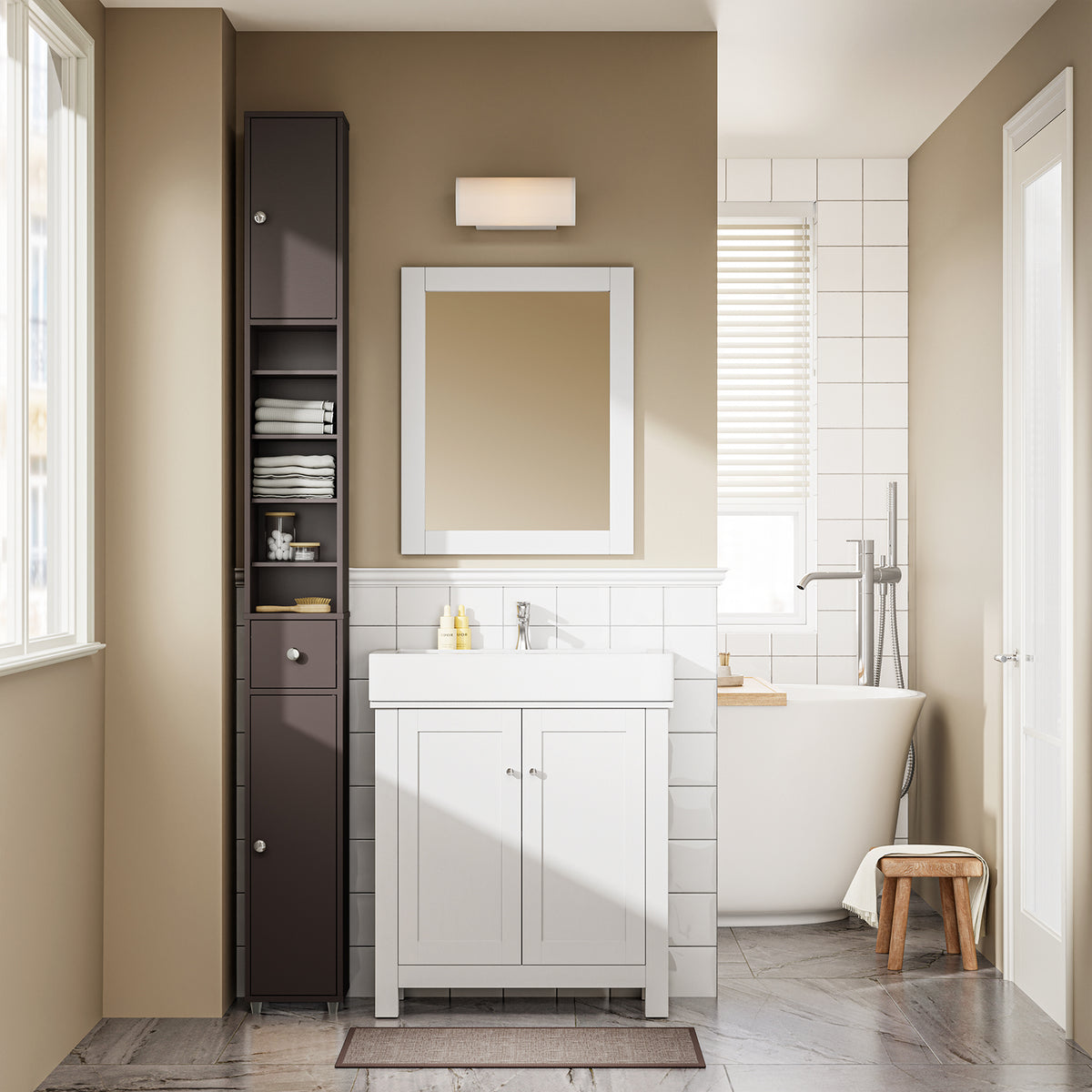 SoBuy BZR34-II-BR Colonne Salle de Bain Ultra-Étroite 20×20×180 cm – 1 Tiroir, 2 Portes, 5 Compartiments, Brun