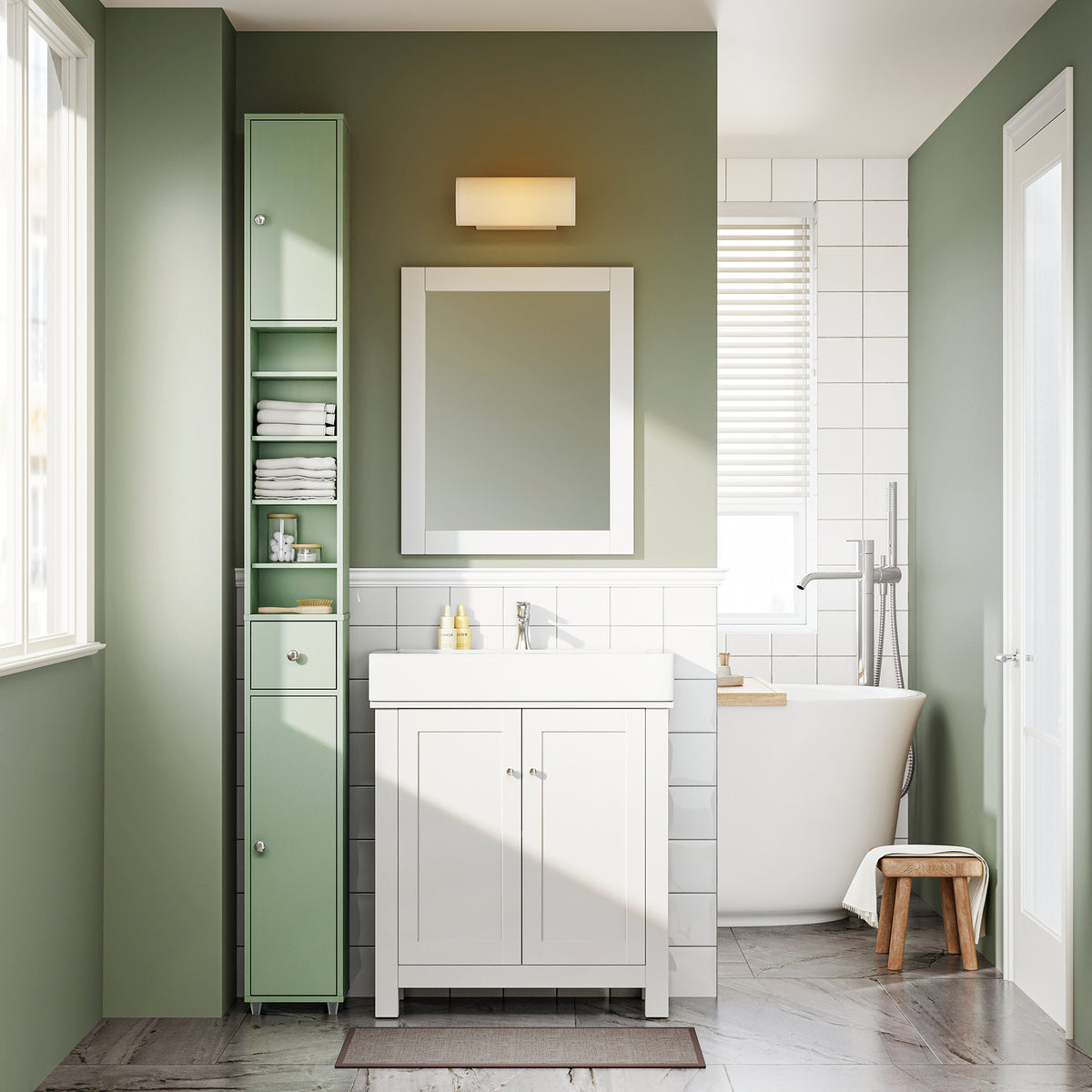 SoBuy BZR34-II-GR Colonne Salle de Bain Ultra-Étroite 20×20×180 cm – Tiroir Central, Étagères Réglables, Vert Clair
