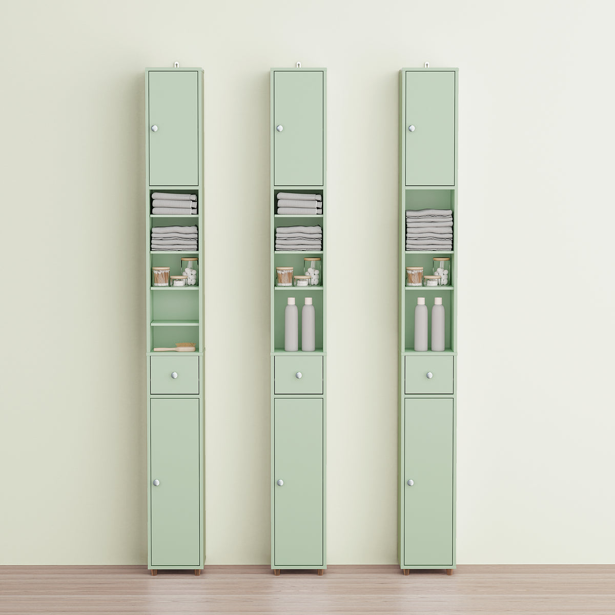 SoBuy BZR34-II-GR Colonne Salle de Bain Ultra-Étroite 20×20×180 cm – Tiroir Central, Étagères Réglables, Vert Clair